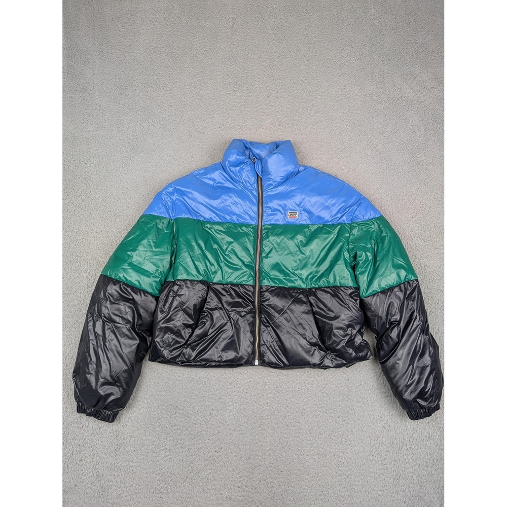 Levis Jacket Womens Small Blue Green Black Down Puffer Colorblock Performance
